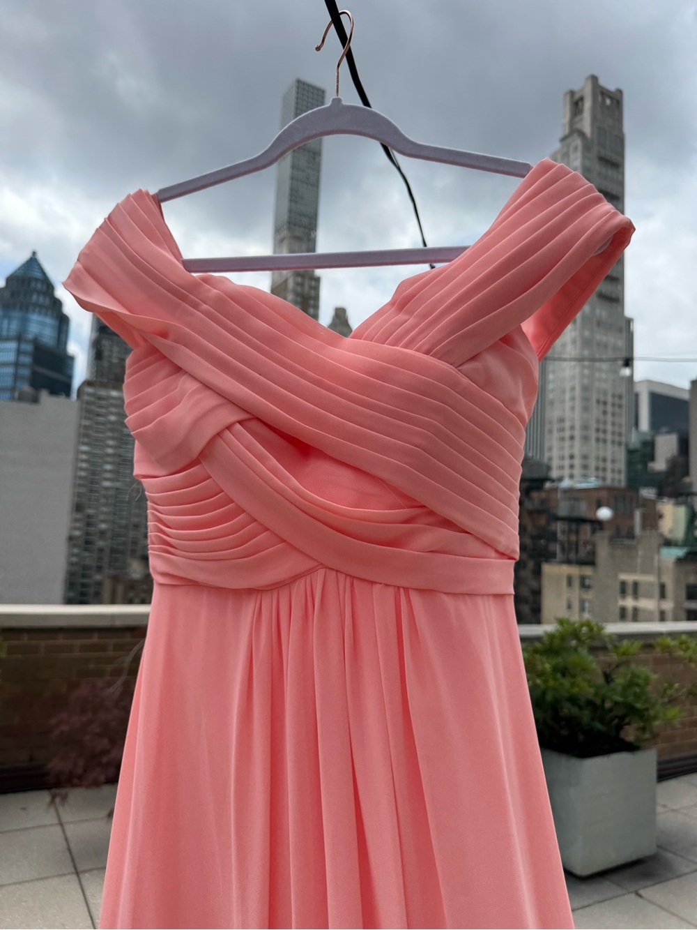 Pleated Off-Shoulder Coral Pink Maxi Dress
